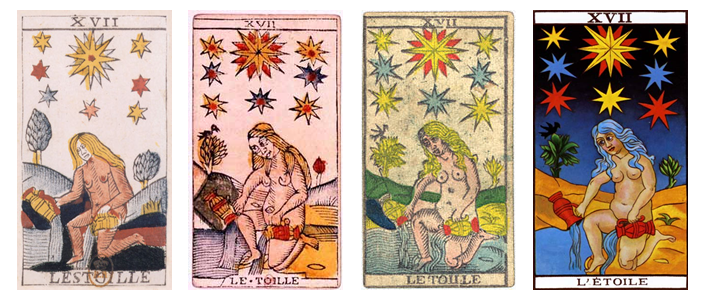 Four verseions of the Star trump of the Tarot de Marseille
